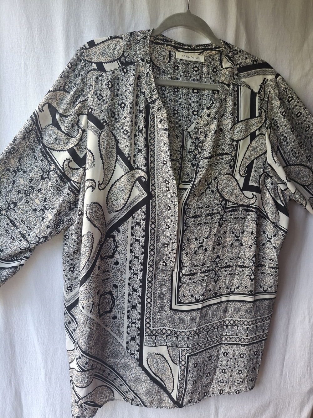 Rose & Olive Black and White Paisley Print Button-Front Blouse